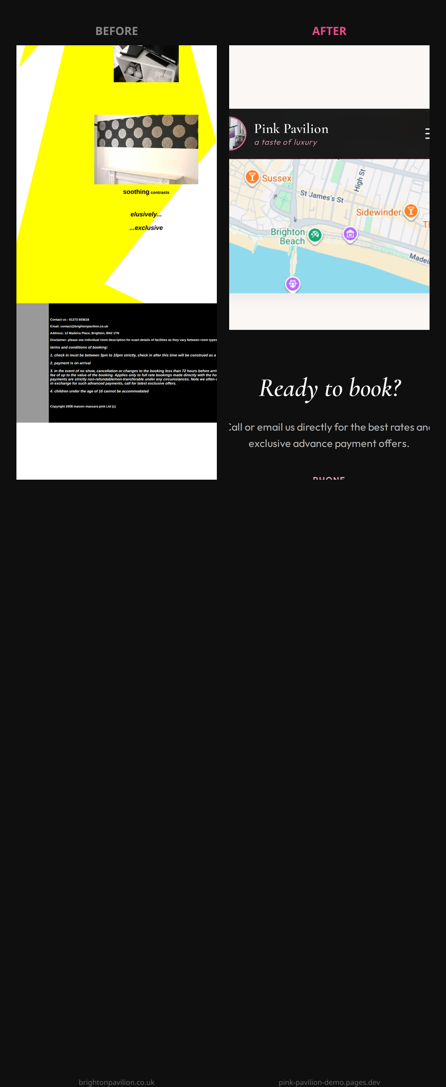 Contact section before and after on mobile